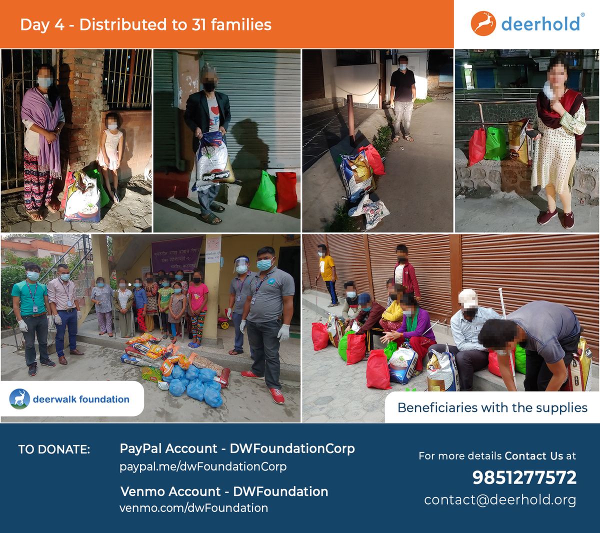 A campaign graphic headed Day 4, distributed to 31 families, made up of eight photographs of masked residents standing in doorways and on streets holding bags and sacks of groceries.