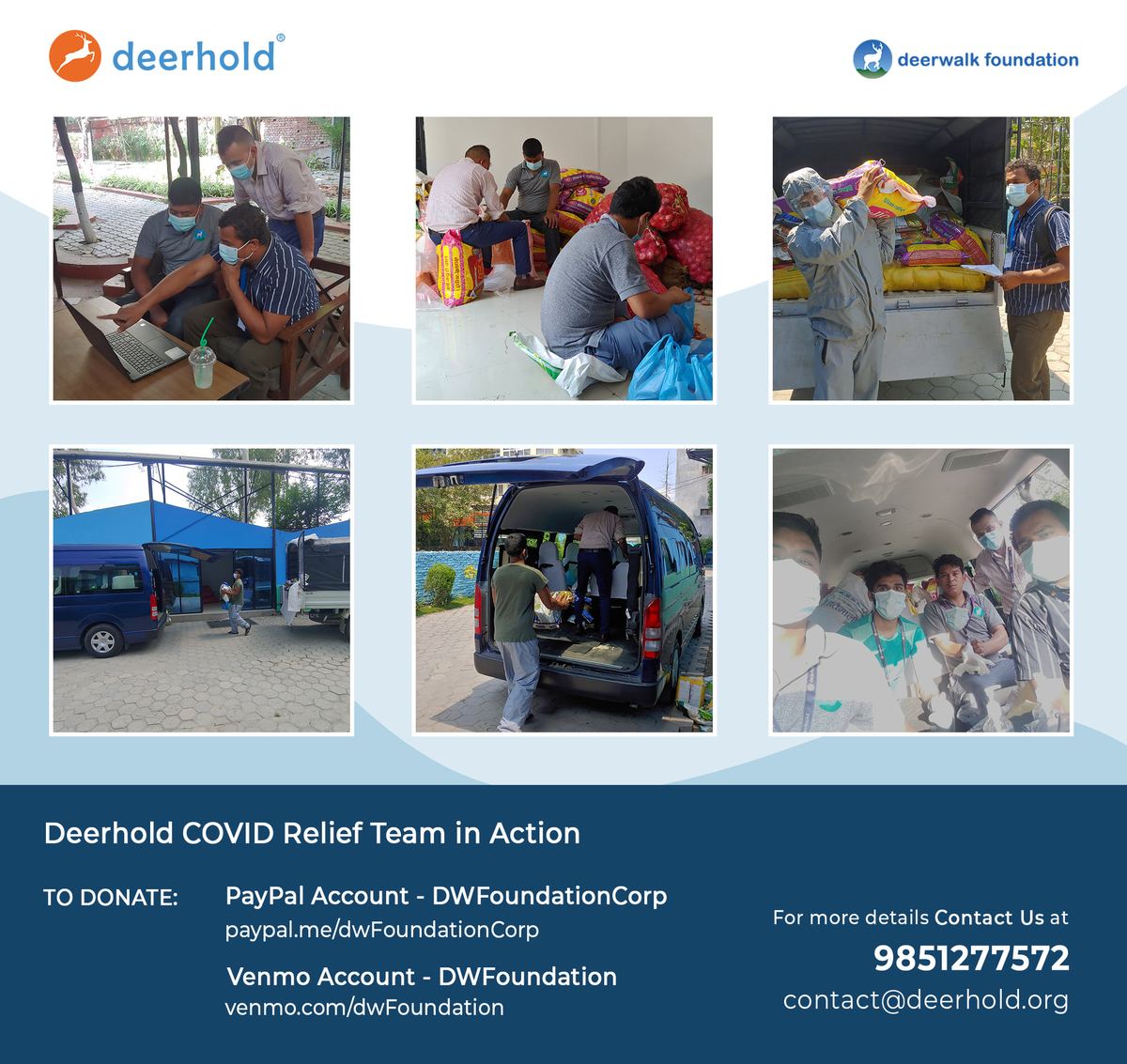 A campaign graphic titled Deerhold COVID Relief Team in Action, made up of six photographs of masked volunteers weighing out staples, loading a van and sorting packages under a blue awning.