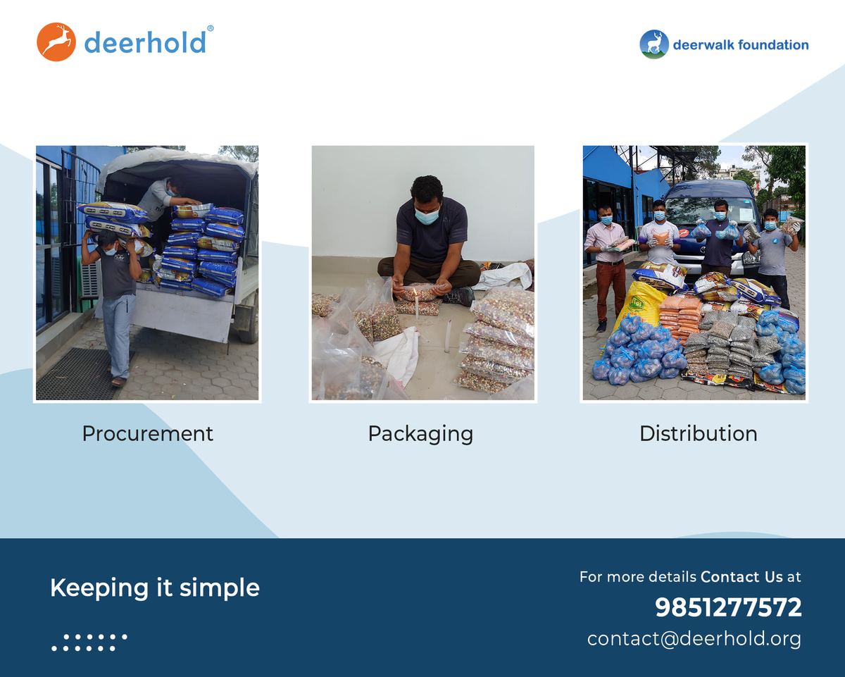 A campaign graphic headed Keeping it simple, showing three photographs labelled Procurement, Packaging and Distribution: a masked worker loading sacks, a worker measuring staples into bags on a floor, and packages stacked beside a van.