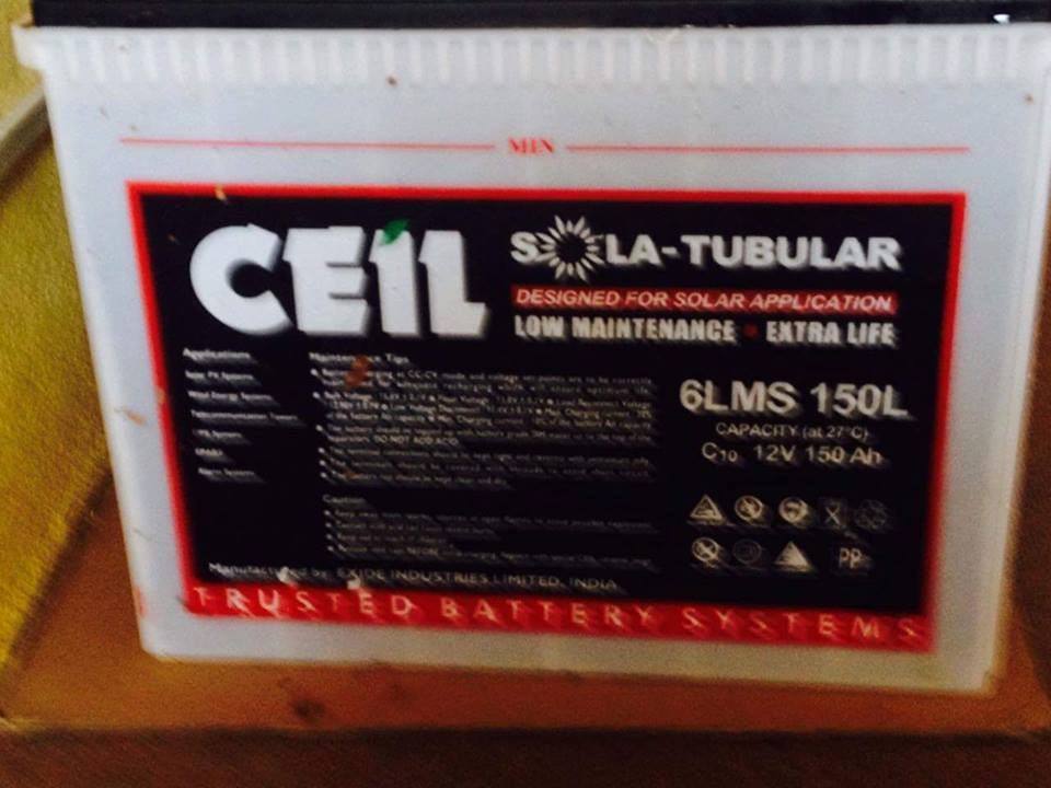 Close up of a battery label reading CEIL Solar Tubular, 6LMS 150L, 12V 150Ah, designed for solar application.