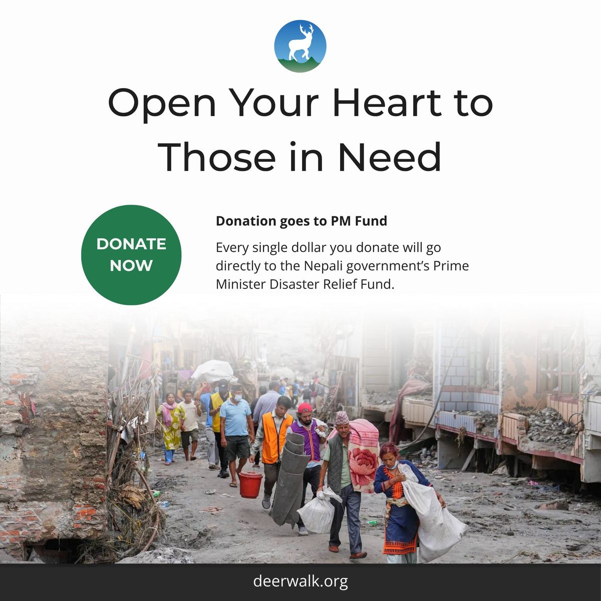 A campaign graphic reading Open Your Heart to Those in Need, with a green Donate Now button and a note that donations go to the PM Fund, above a photograph of people carrying sacks and buckets along a street buried in flood silt.